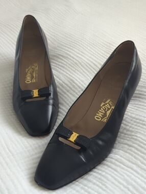 Vintage Salvatore Ferragamo Black Leather Vara Bow Kitten Heels with Gold Accent